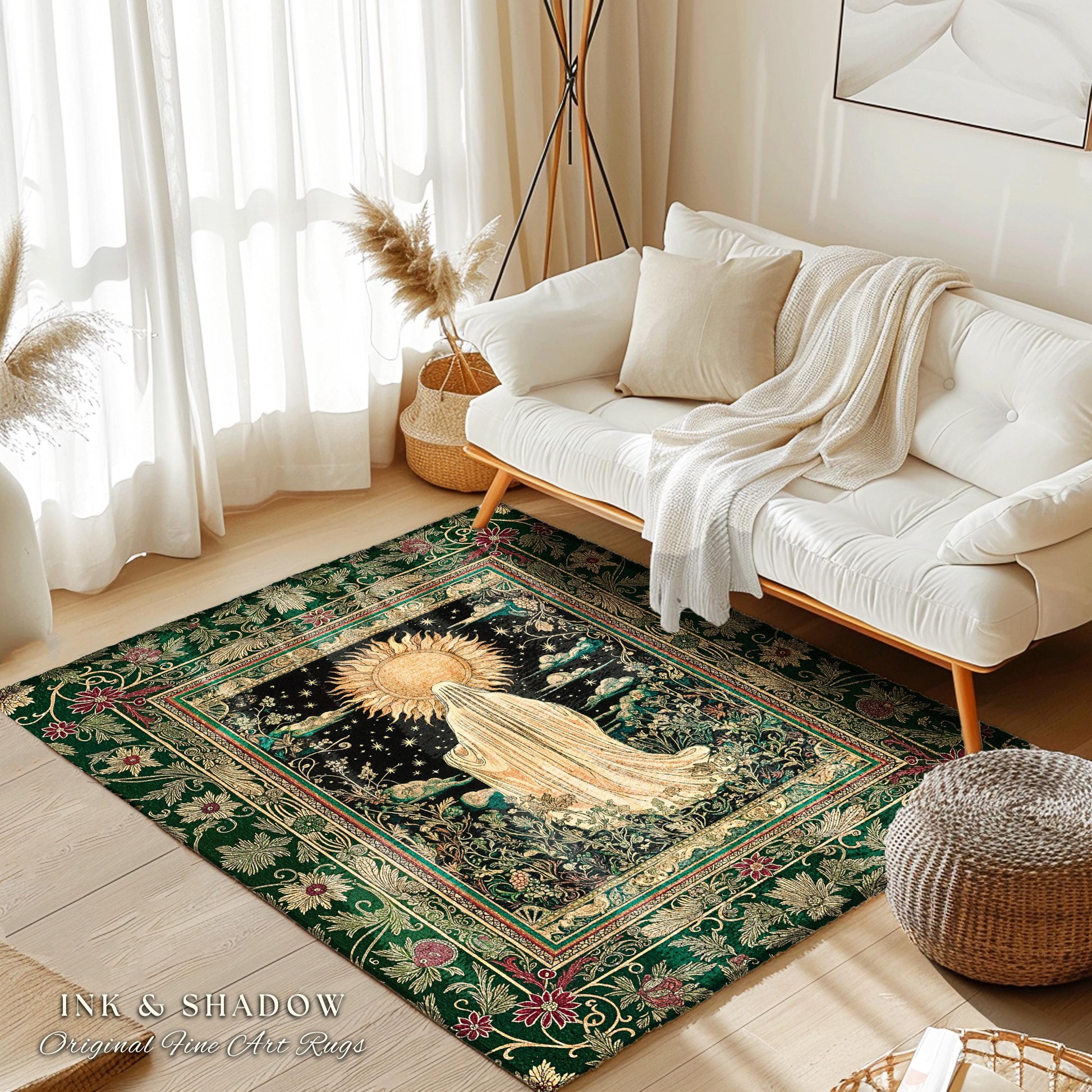 Botanical Meadow Ghost Area Rug | Baroque Floral Cottagecore Home Accent Halloween Theme Whimsigoth Decor Gothic Accent Tarot Aesthetic Rug