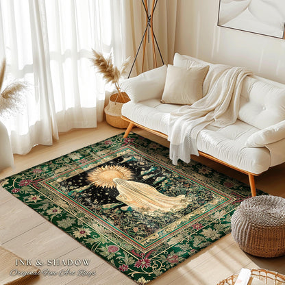 Botanical Meadow Ghost Area Rug | Baroque Floral Cottagecore Home Accent Halloween Theme Whimsigoth Decor Gothic Accent Tarot Aesthetic Rug