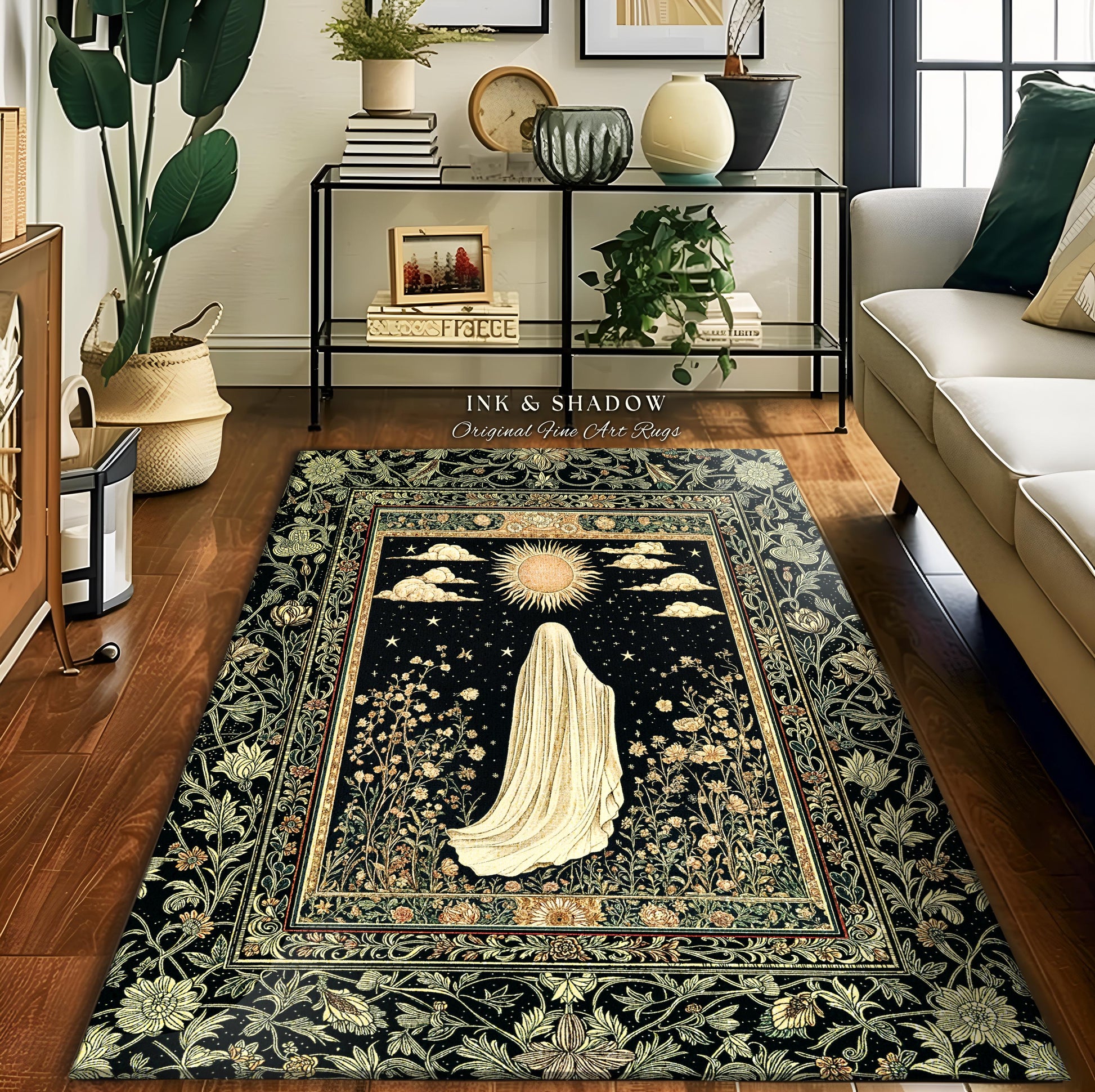 Whimsical Sky Spirit Area Rug | Ethereal Ghost Accent Halloween Floral Decor Cottagecore Whimsigoth Bohemian Botanical Dark Academia Style |