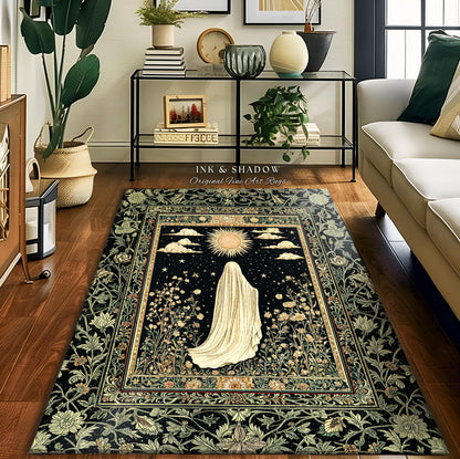 Whimsical Sky Spirit Area Rug | Ethereal Ghost Accent Halloween Floral Decor Cottagecore Whimsigoth Bohemian Botanical Dark Academia Style |