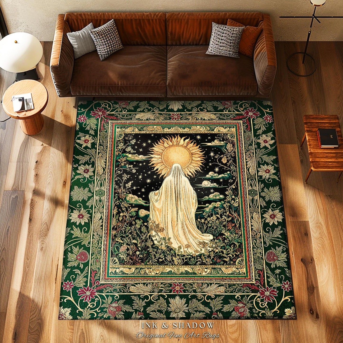 Botanical Meadow Ghost Area Rug | Baroque Floral Cottagecore Home Accent Halloween Theme Whimsigoth Decor Gothic Accent Tarot Aesthetic Rug