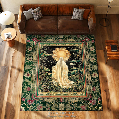 Botanical Meadow Ghost Area Rug | Baroque Floral Cottagecore Home Accent Halloween Theme Whimsigoth Decor Gothic Accent Tarot Aesthetic Rug