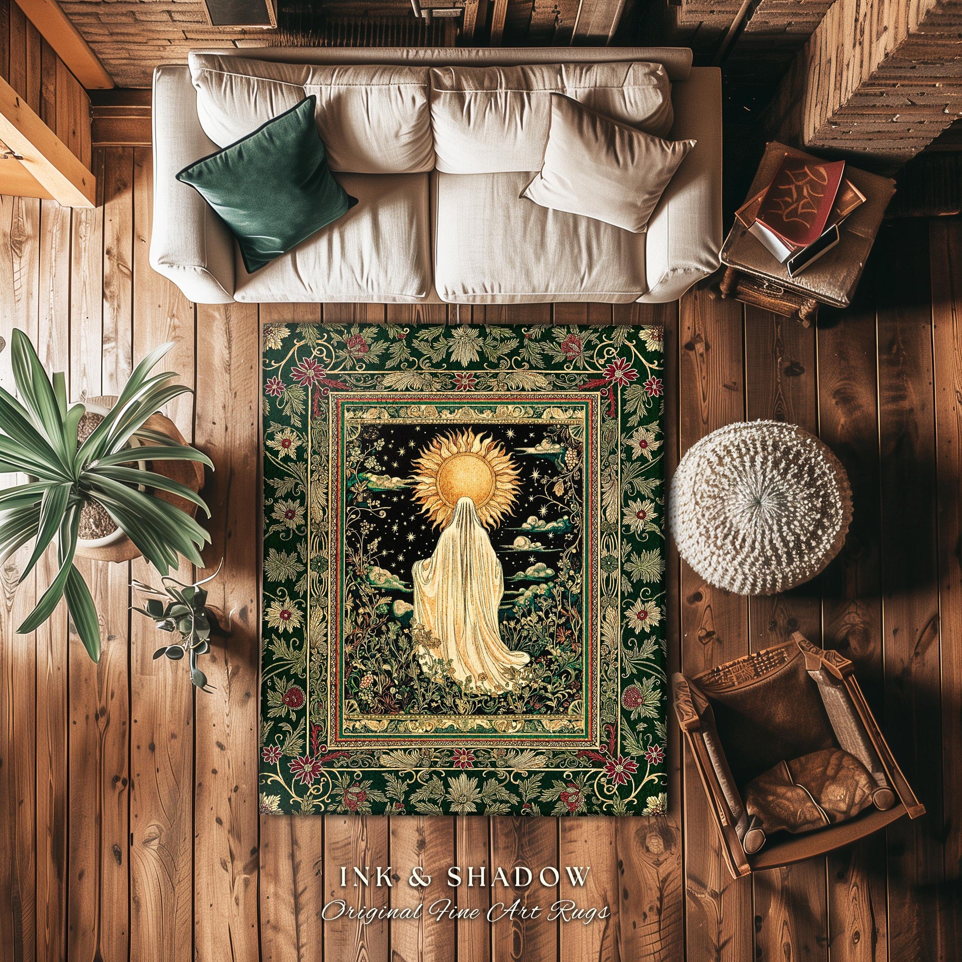 Botanical Meadow Ghost Area Rug | Baroque Floral Cottagecore Home Accent Halloween Theme Whimsigoth Decor Gothic Accent Tarot Aesthetic Rug