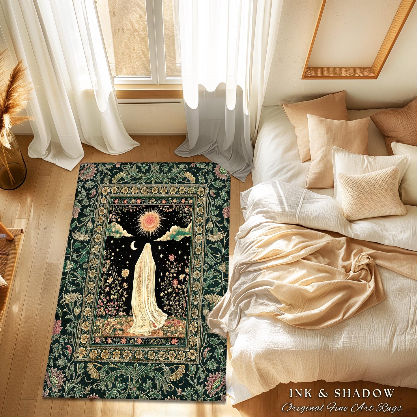 Verdant Sunlit Ghost Cozy Area Rug | Floral Cottagecore Halloween Decor Forest Ghost Home Accent Whimsigoth Gothic Art Botanical Aesthetic |