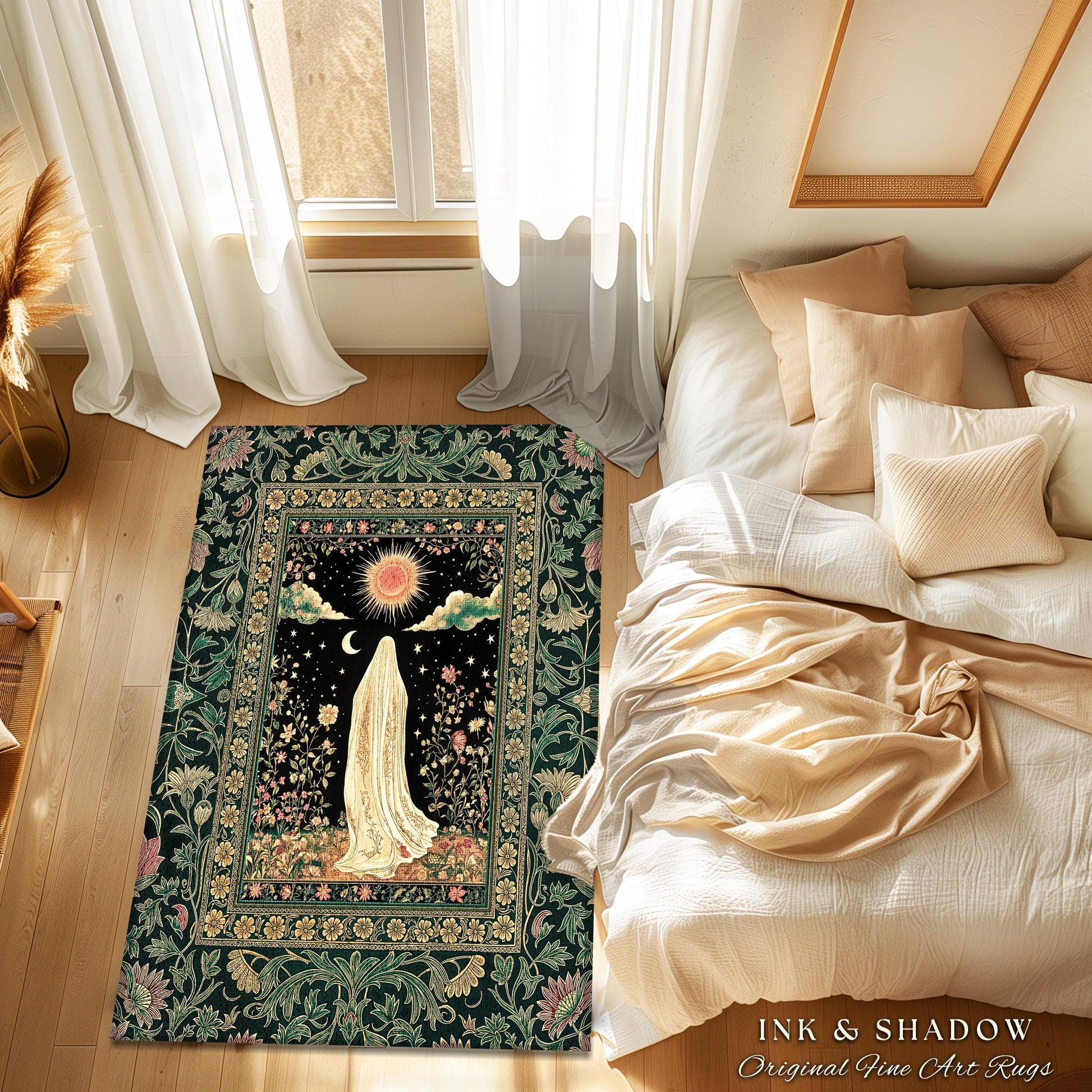 Verdant Sunlit Ghost Cozy Area Rug | Floral Cottagecore Halloween Decor Forest Ghost Home Accent Whimsigoth Gothic Art Botanical Aesthetic |