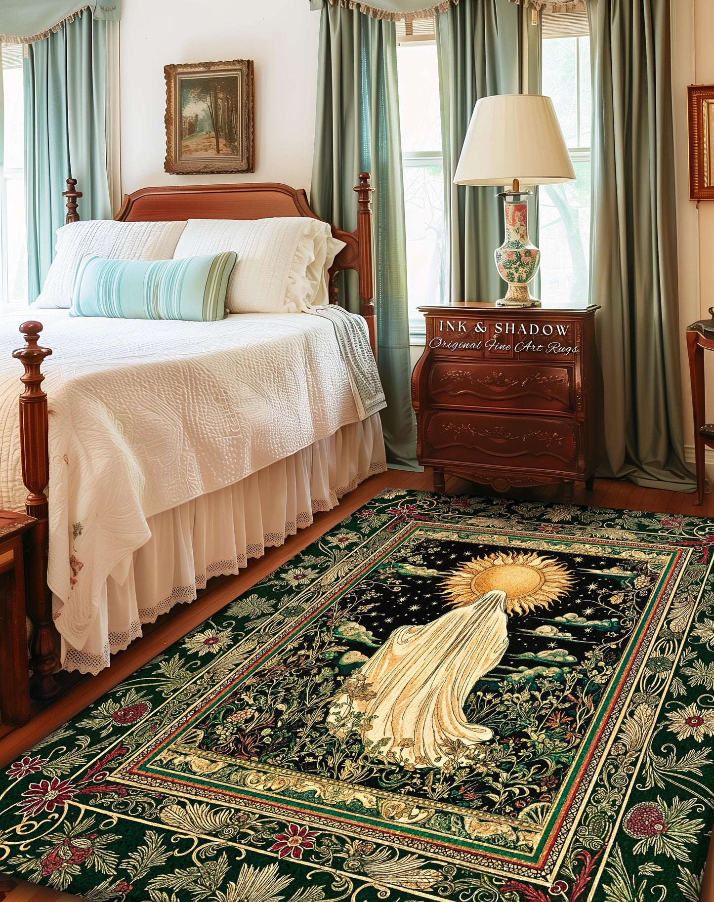 Botanical Meadow Ghost Area Rug | Baroque Floral Cottagecore Home Accent Halloween Theme Whimsigoth Decor Gothic Accent Tarot Aesthetic Rug