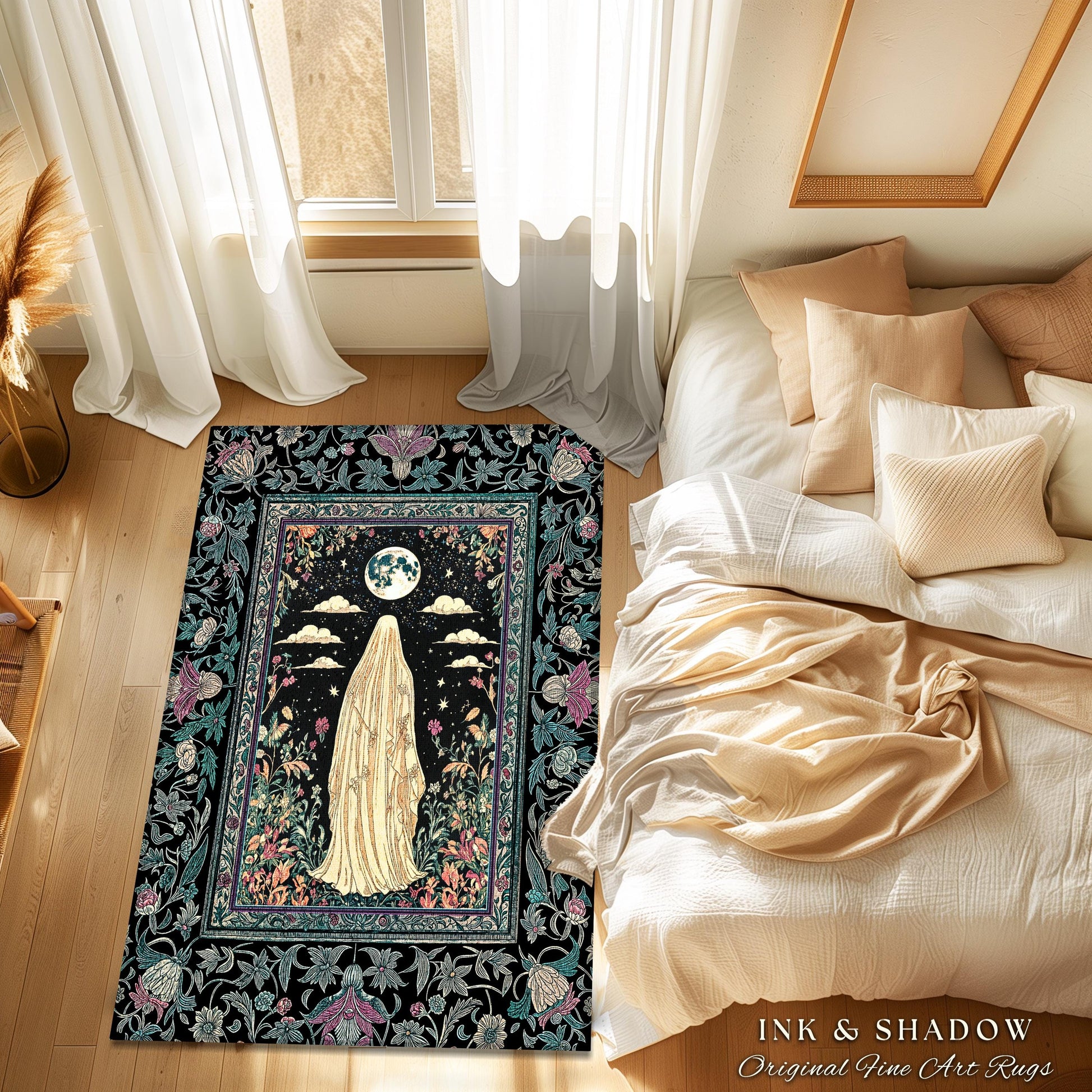 Moonlit Garden Ghost Area Rug | Celestial Halloween Floral Bedroom Whimsigoth Cottagecore Spirit Botanical Season of the Witch Home Accent