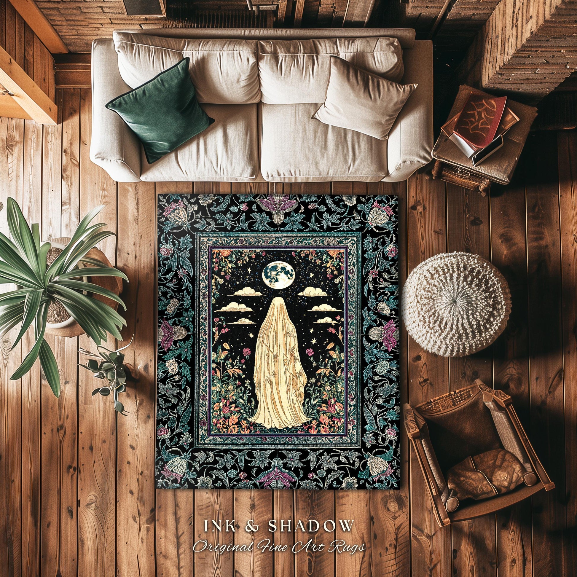 Moonlit Garden Ghost Area Rug | Celestial Halloween Floral Bedroom Whimsigoth Cottagecore Spirit Botanical Season of the Witch Home Accent