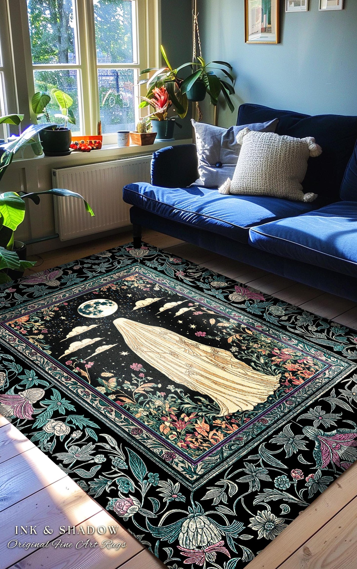 Moonlit Garden Ghost Area Rug | Celestial Halloween Floral Bedroom Whimsigoth Cottagecore Spirit Botanical Season of the Witch Home Accent