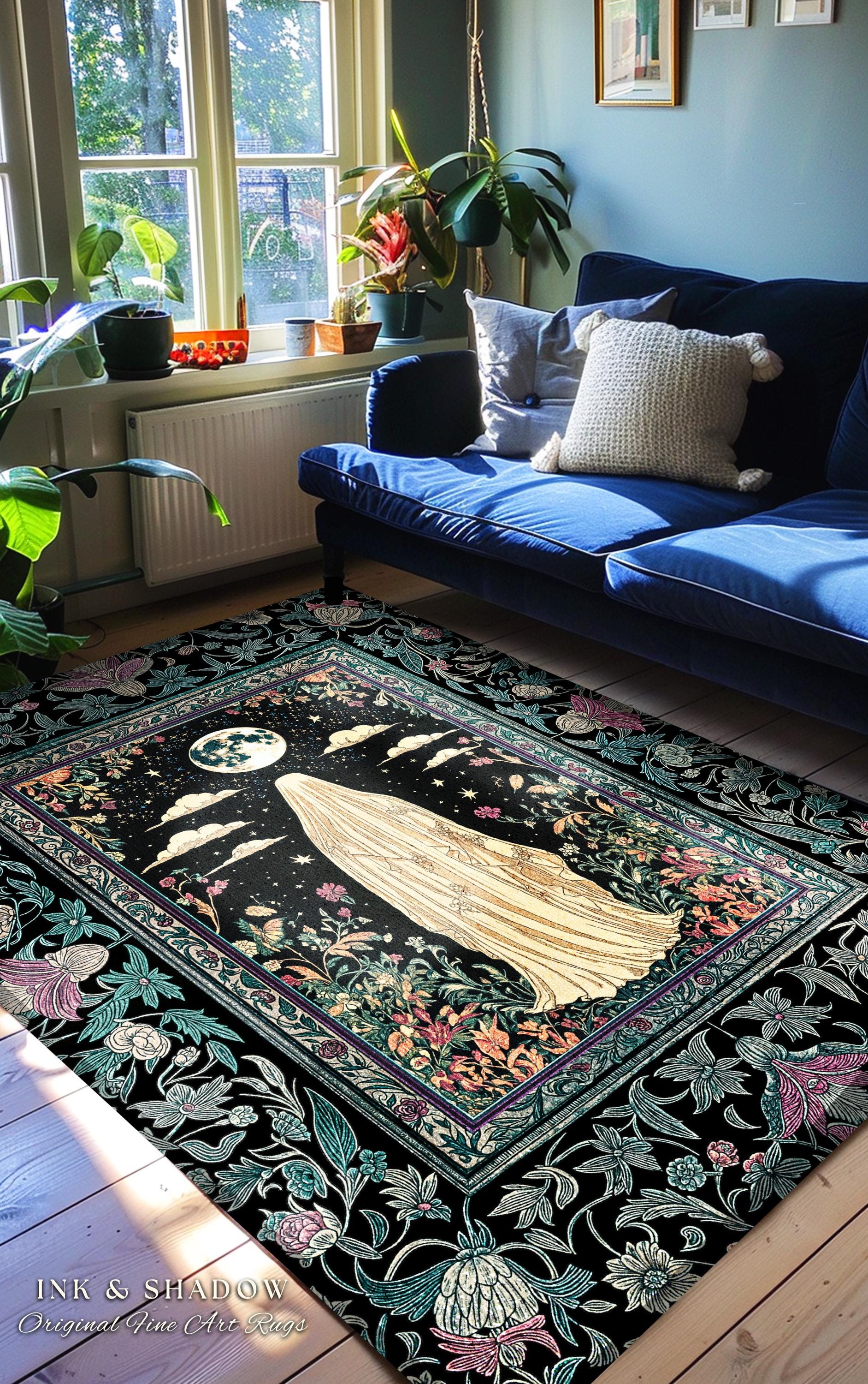 Moonlit Garden Ghost Area Rug | Celestial Halloween Floral Bedroom Whimsigoth Cottagecore Spirit Botanical Season of the Witch Home Accent