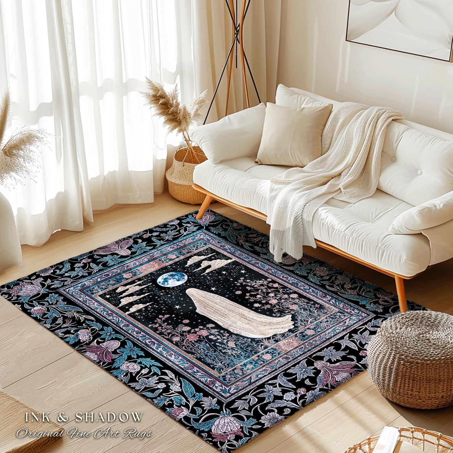 Moody Midnight Ghost Area Rug | Gothic Aesthetic Harvest Moon Spirit Whimsigoth Halloween Cottagecore Cozy Decor Botanical Witchy Accent |