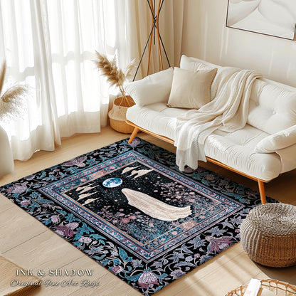 Moody Midnight Ghost Area Rug | Gothic Aesthetic Harvest Moon Spirit Whimsigoth Halloween Cottagecore Cozy Decor Botanical Witchy Accent |