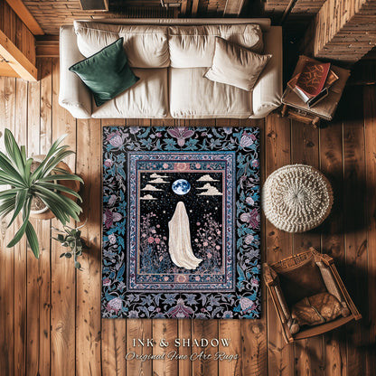 Moody Midnight Ghost Area Rug | Gothic Aesthetic Harvest Moon Spirit Whimsigoth Halloween Cottagecore Cozy Decor Botanical Witchy Accent |
