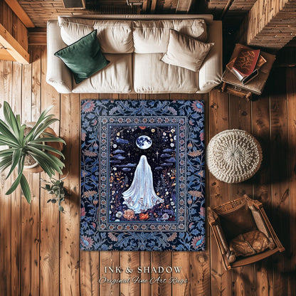 Blue Moon Garden Ghost Area Rug | Whimsigoth Pastel Floral Accent Halloween Decor Cottagecore Spirit Botanical Season Witchy Style Bedroom |