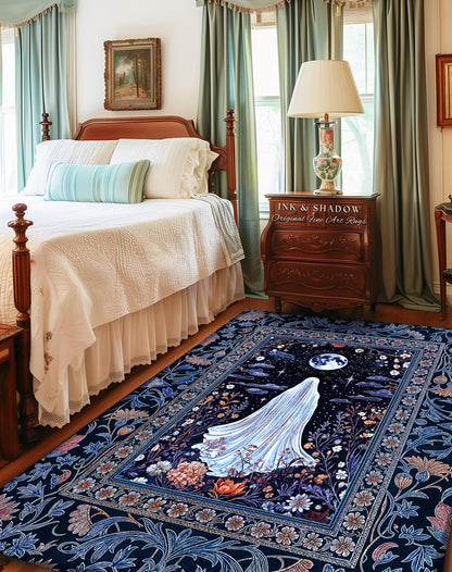 Blue Moon Garden Ghost Area Rug | Whimsigoth Pastel Floral Accent Halloween Decor Cottagecore Spirit Botanical Season Witchy Style Bedroom |