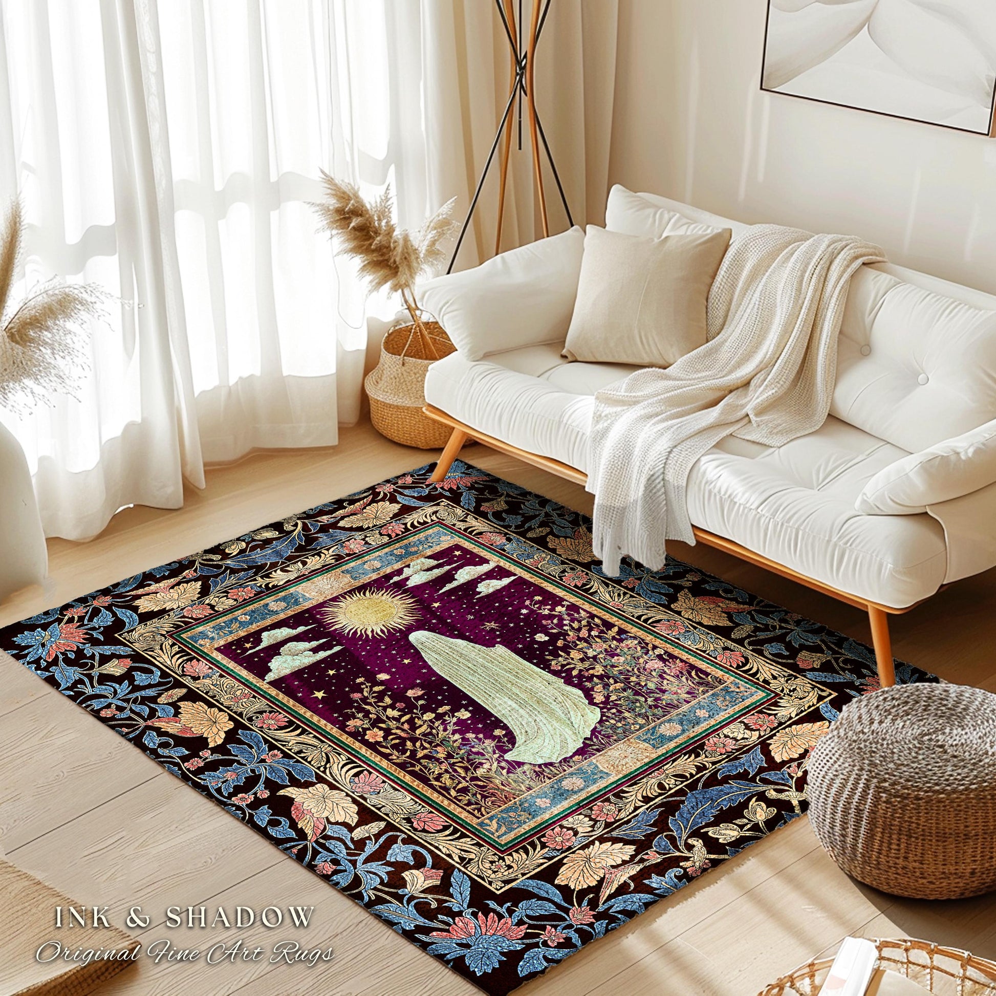 Gothic Sunlit Ghost Accent Rug | Whimsigothic Cottagecore Area Rug Home Decor Halloween Spirit Floral Mysticism Witchy Bedroom Accent Tarot