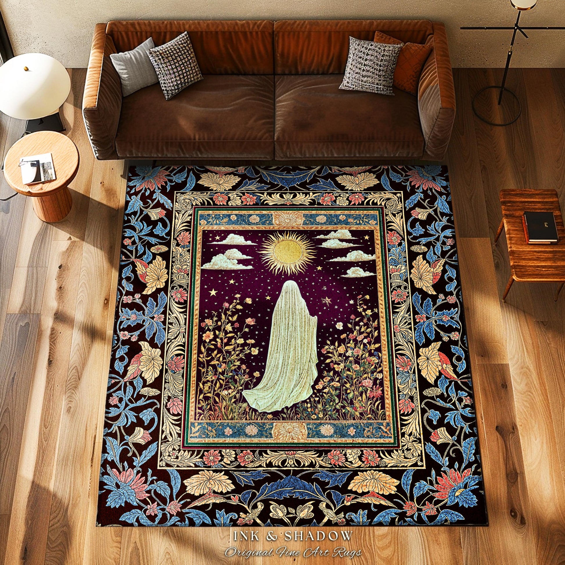 Gothic Sunlit Ghost Accent Rug | Whimsigothic Cottagecore Area Rug Home Decor Halloween Spirit Floral Mysticism Witchy Bedroom Accent Tarot