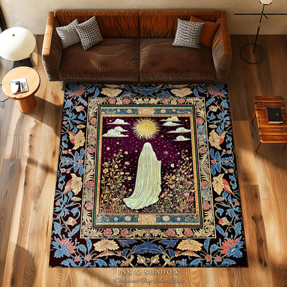 Gothic Sunlit Ghost Accent Rug | Whimsigothic Cottagecore Area Rug Home Decor Halloween Spirit Floral Mysticism Witchy Bedroom Accent Tarot