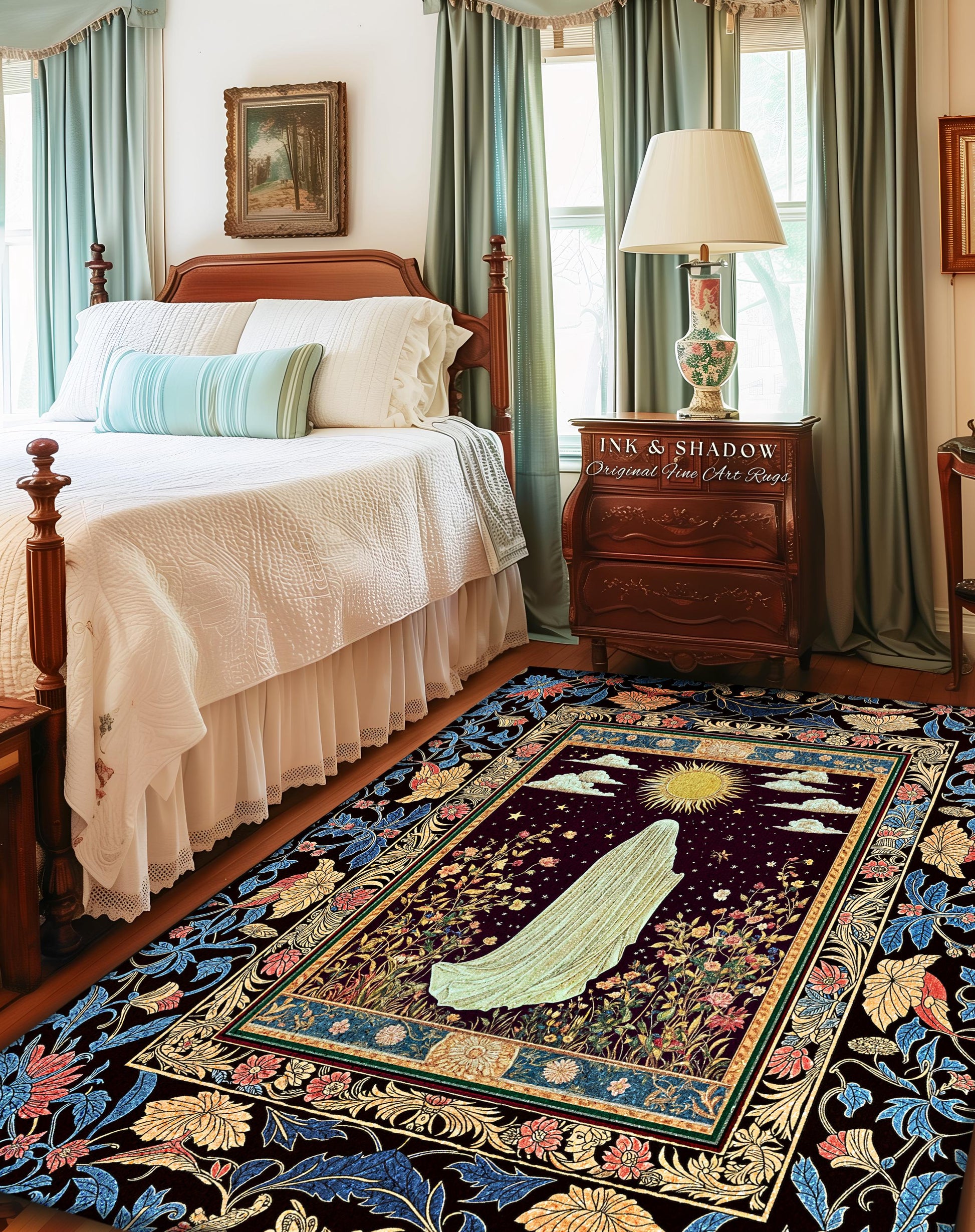 Gothic Sunlit Ghost Accent Rug | Whimsigothic Cottagecore Area Rug Home Decor Halloween Spirit Floral Mysticism Witchy Bedroom Accent Tarot