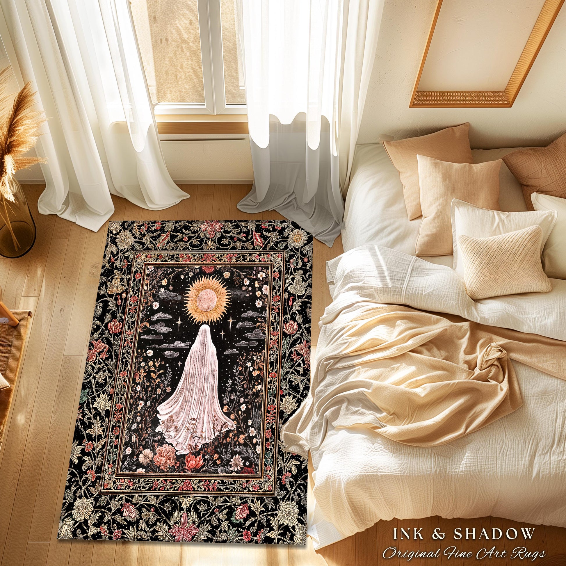 Ethereal Rose Garden Ghost Rug | Pastel Floral Accent Rug Halloween Aesthetic Cottagecore Whimsigoth Romantic Goth Decor Celestial Witchy |