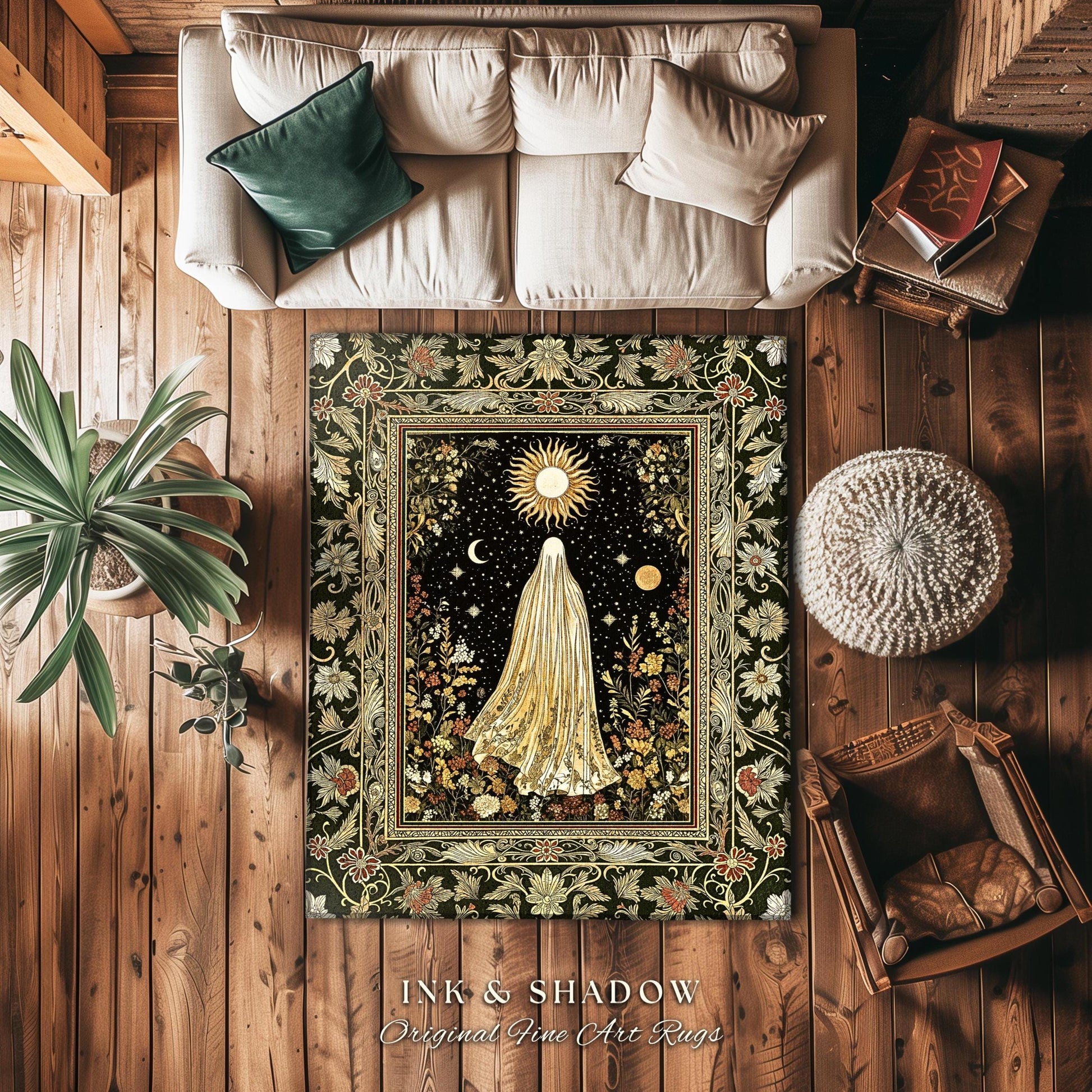 Sun Moon Spirit Ghost Accent Rug | Floral Halloween Whimsigoth Decor Cottagecore Area Rug Gothic Home Accent Spooky Season Botanical Cozy |
