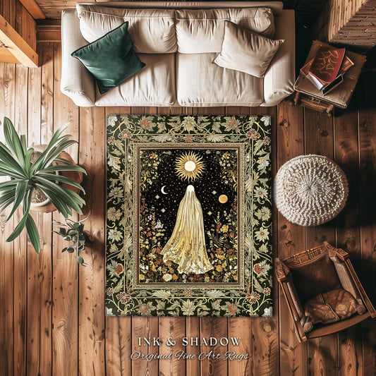 Sun Moon Spirit Ghost Accent Rug | Floral Halloween Whimsigoth Decor Cottagecore Area Rug Gothic Home Accent Spooky Season Botanical Cozy |