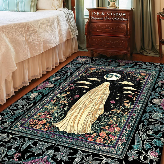 Moonlit Garden Ghost Area Rug | Celestial Halloween Floral Bedroom Whimsigoth Cottagecore Spirit Botanical Season of the Witch Home Accent