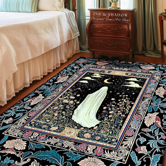 Pastel Cottagecore Moon Ghost Rug | Whimsigoth Accent Floral Decor Spirit Bedroom Botanical Season Witchy Vintage Aesthetic Mystic Style |