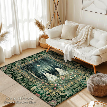 Gothic Sage Green Ghosts Rug | Botanical Woodland Spirits Decor Whimsigoth Gothic Halloween Style Cottagecore Floral Mystic Dark Aesthetic