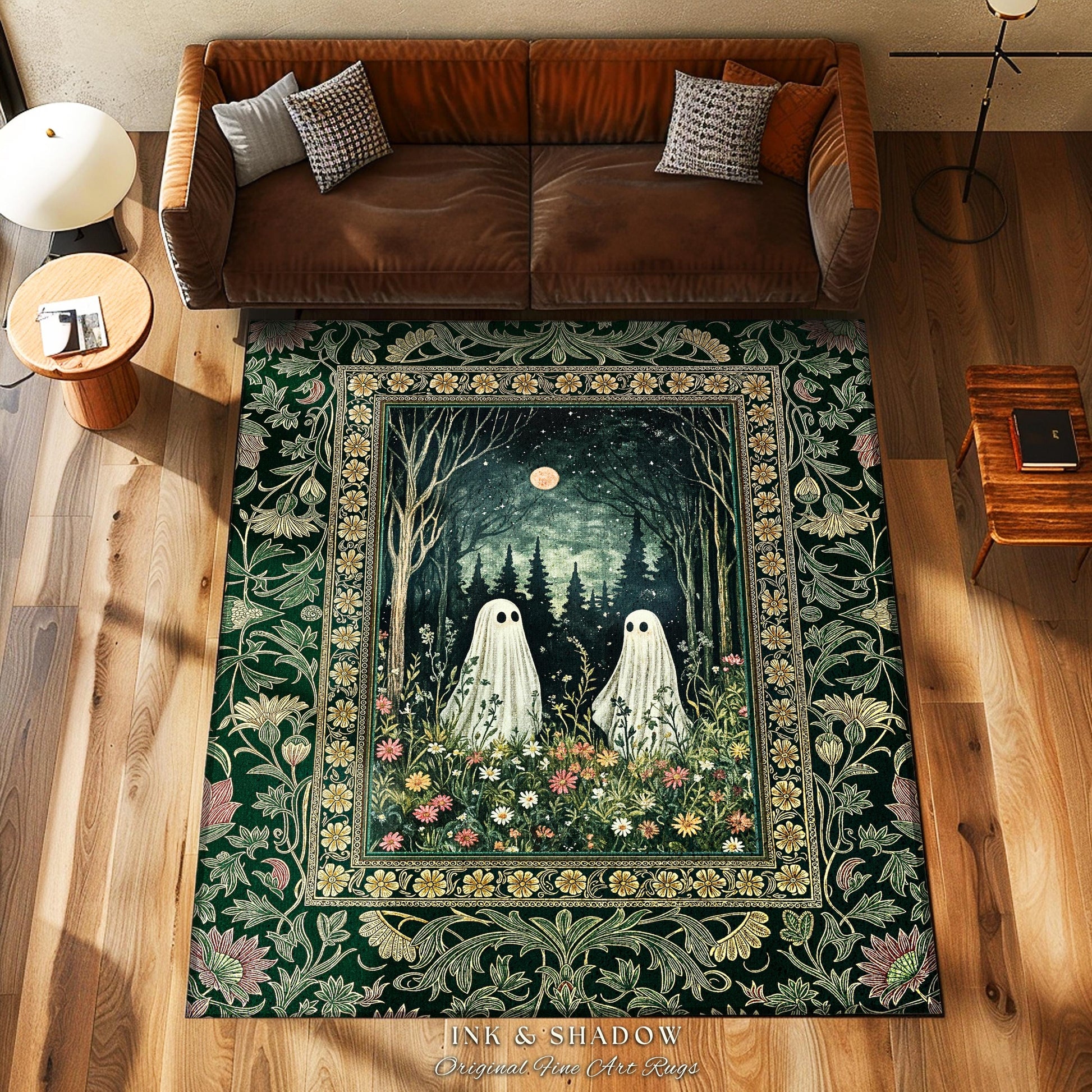 Gothic Sage Green Ghosts Rug | Botanical Woodland Spirits Decor Whimsigoth Gothic Halloween Style Cottagecore Floral Mystic Dark Aesthetic