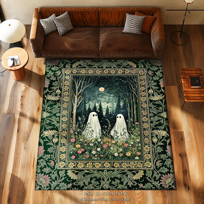 Gothic Sage Green Ghosts Rug | Botanical Woodland Spirits Decor Whimsigoth Gothic Halloween Style Cottagecore Floral Mystic Dark Aesthetic