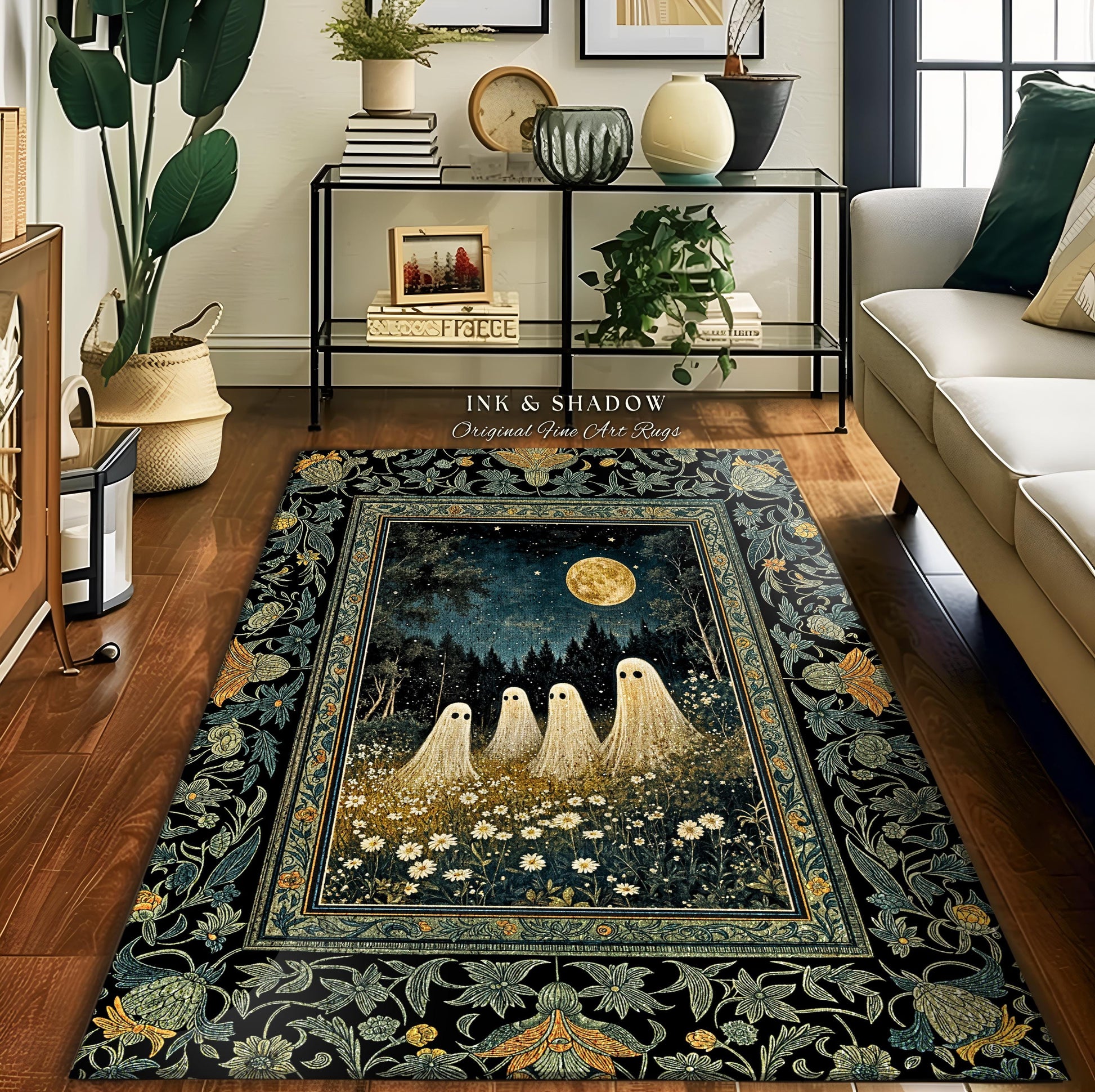 Mystic Full Moon Ghost Family Rug | Floral Halloween Accent Rug Whimsigoth Gothic Mysticism Witchy Maximalist Throw Spooky Decor Celestial |