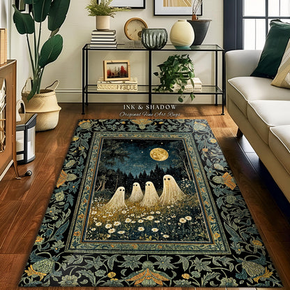Mystic Full Moon Ghost Family Rug | Floral Halloween Accent Rug Whimsigoth Gothic Mysticism Witchy Maximalist Throw Spooky Decor Celestial |