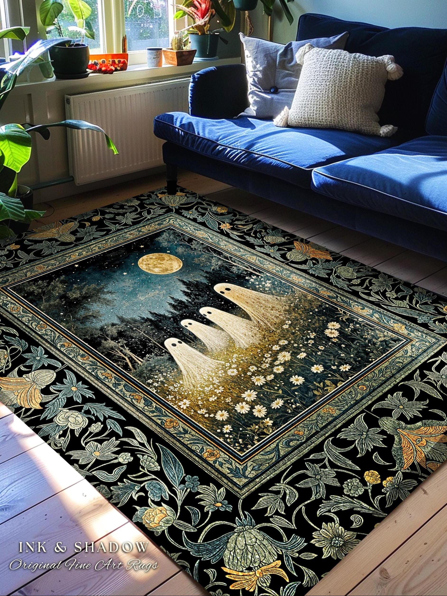 Mystic Full Moon Ghost Family Rug | Floral Halloween Accent Rug Whimsigoth Gothic Mysticism Witchy Maximalist Throw Spooky Decor Celestial |