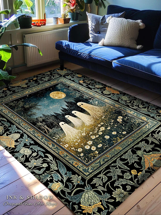 Mystic Full Moon Ghost Family Rug | Floral Halloween Accent Rug Whimsigoth Gothic Mysticism Witchy Maximalist Throw Spooky Decor Celestial |