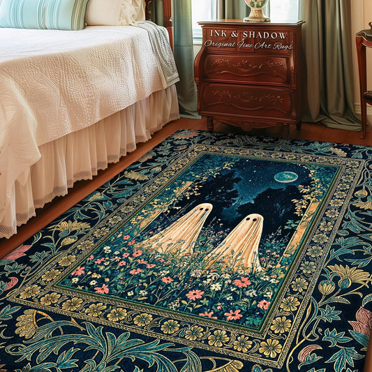 Witchy Cottagecore Ghosts Area Rug | Gothic Moon Home Accent Floral Whimsigoth Halloween Decor Mystical Ghost Maximalist Dark Academia Boho