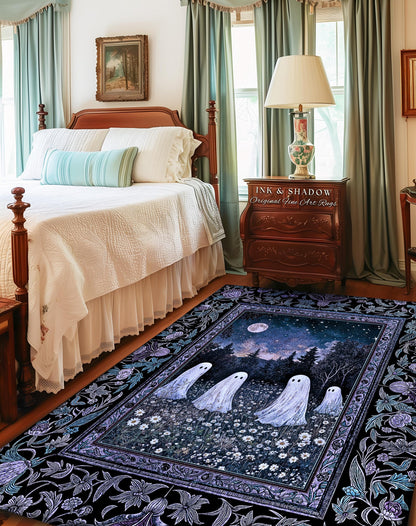Starry Sky Violet Meadow Ghost Rug | Halloween Gothic Accent Whimsigoth Cottagecore Floral Maximalist Moody Mysticism Bedroom Decor Witchy