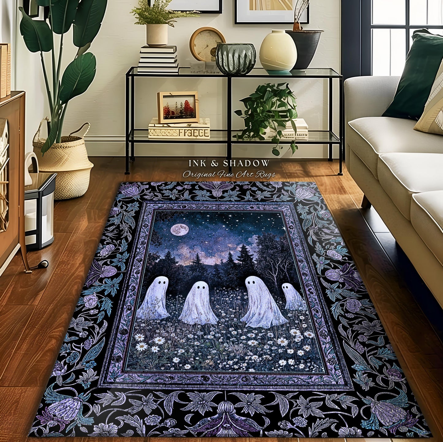 Starry Sky Violet Meadow Ghost Rug | Halloween Gothic Accent Whimsigoth Cottagecore Floral Maximalist Moody Mysticism Bedroom Decor Witchy