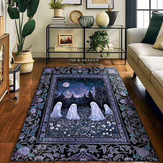 Starry Sky Violet Meadow Ghost Rug | Halloween Gothic Accent Whimsigoth Cottagecore Floral Maximalist Moody Mysticism Bedroom Decor Witchy