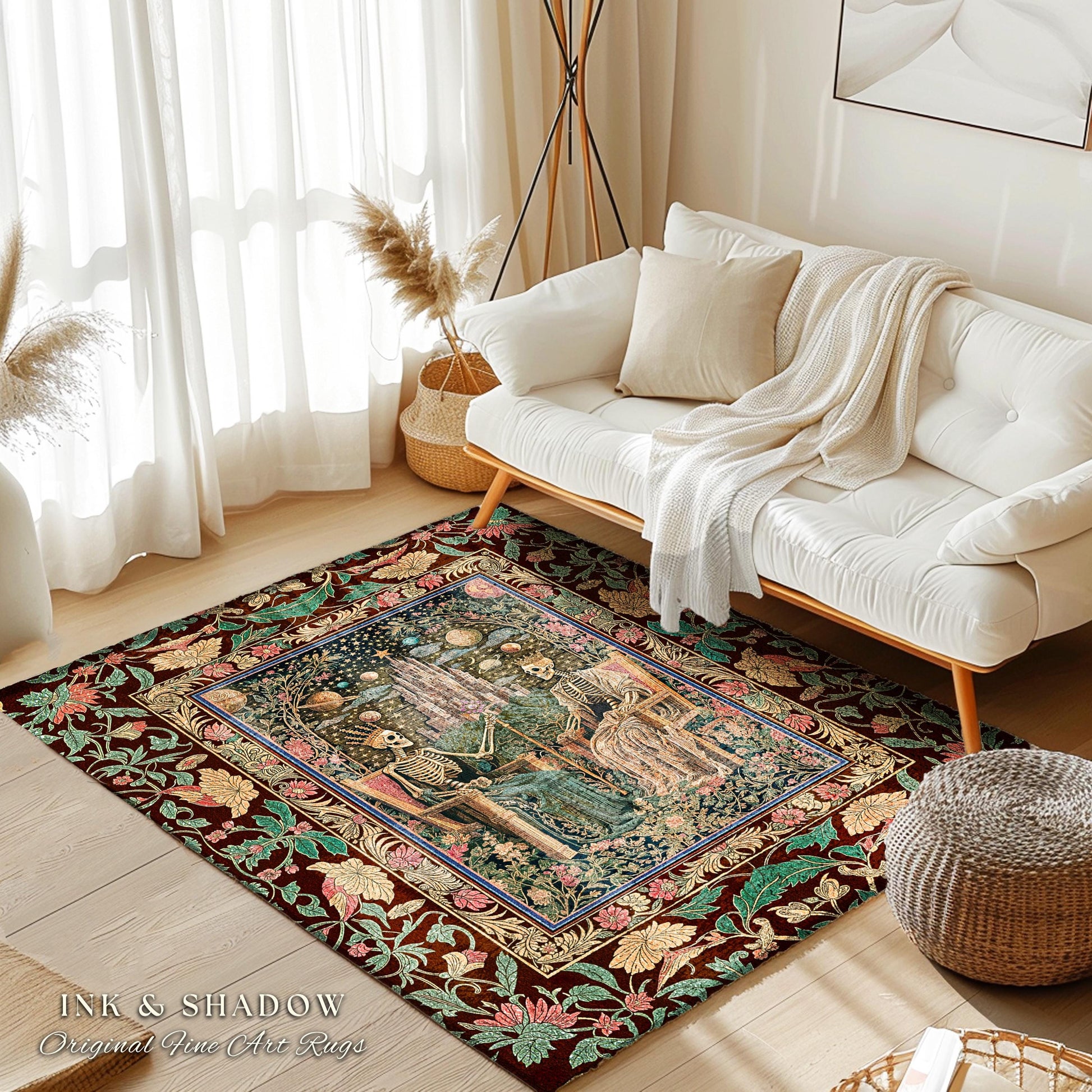 Pastel Witchy Skeleton Couple Area Rug | Dark Academia Whimsical Fantasy Occult Spooky Gothic Couple Bedroom Accent Wiccan Dark Aesthetic |