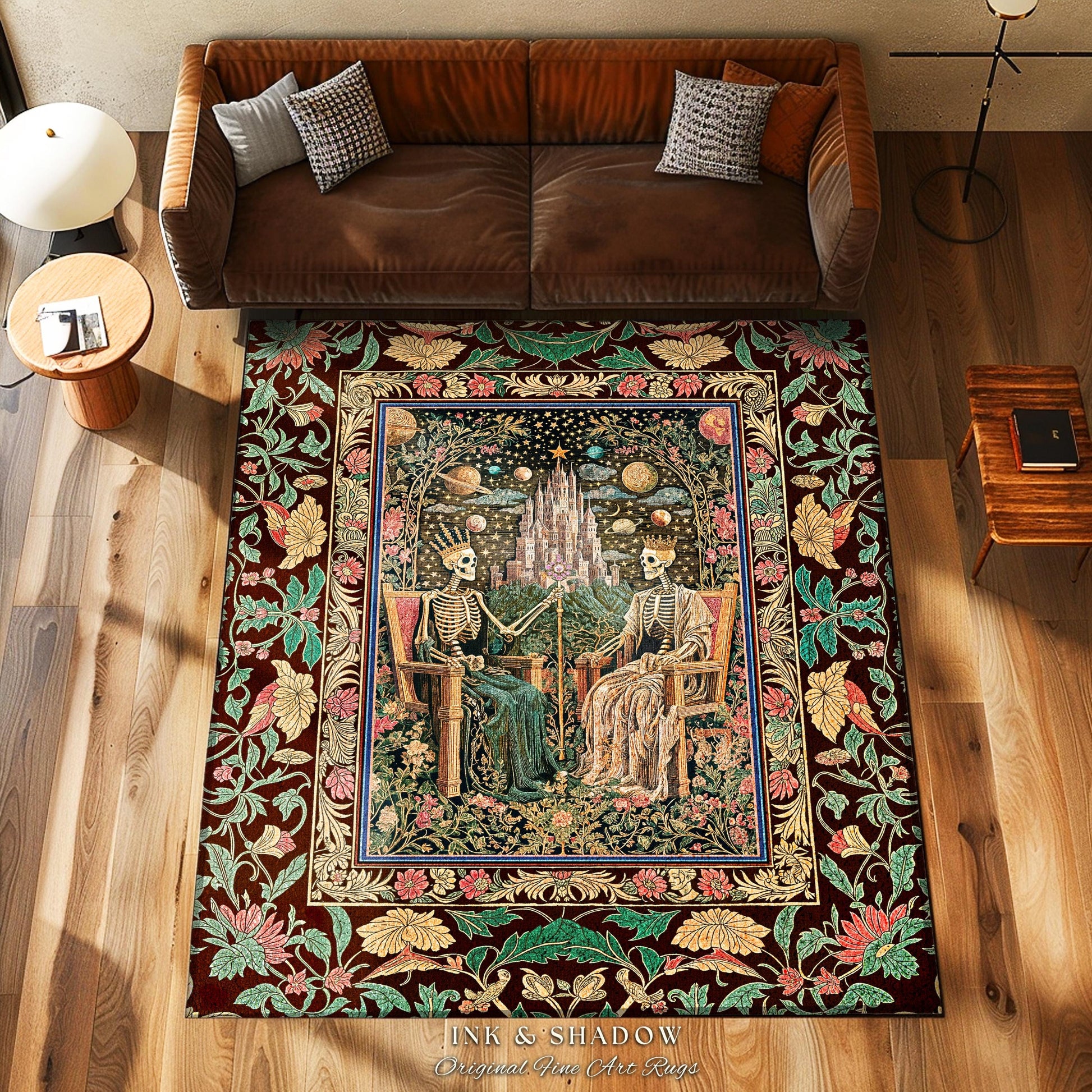 Pastel Witchy Skeleton Couple Area Rug | Dark Academia Whimsical Fantasy Occult Spooky Gothic Couple Bedroom Accent Wiccan Dark Aesthetic |