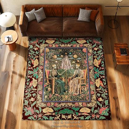 Pastel Witchy Skeleton Couple Area Rug | Dark Academia Whimsical Fantasy Occult Spooky Gothic Couple Bedroom Accent Wiccan Dark Aesthetic |