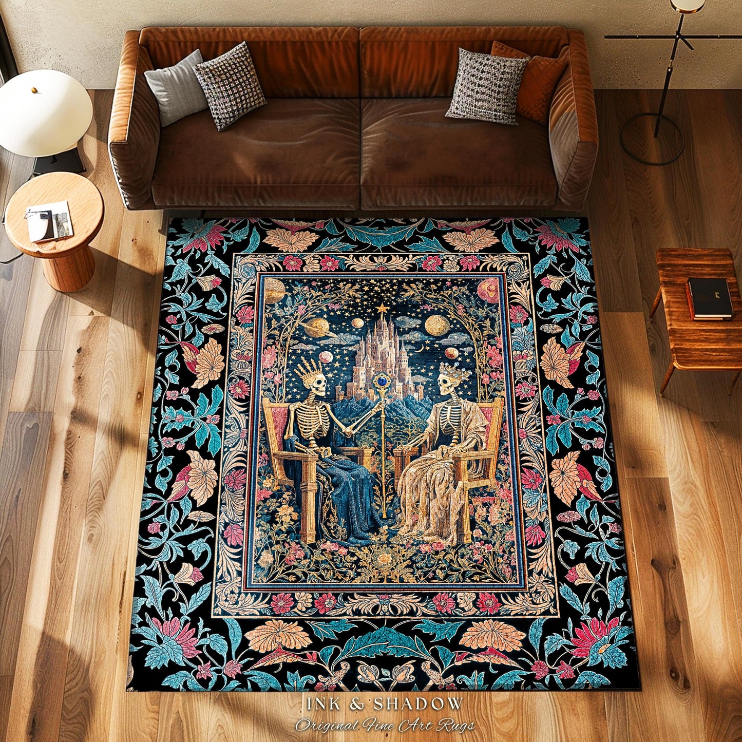 Celestial Skeleton Couple Baroque Rug | Goth Regal Romance Castle King & Queen Whimsical Lovers Magic Fantasy Decor Mystical Bedroom Accent