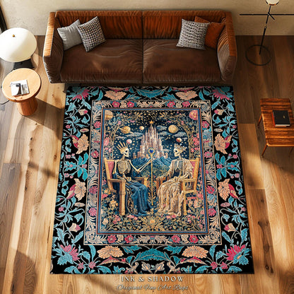 Celestial Skeleton Couple Baroque Rug | Goth Regal Romance Castle King & Queen Whimsical Lovers Magic Fantasy Decor Mystical Bedroom Accent