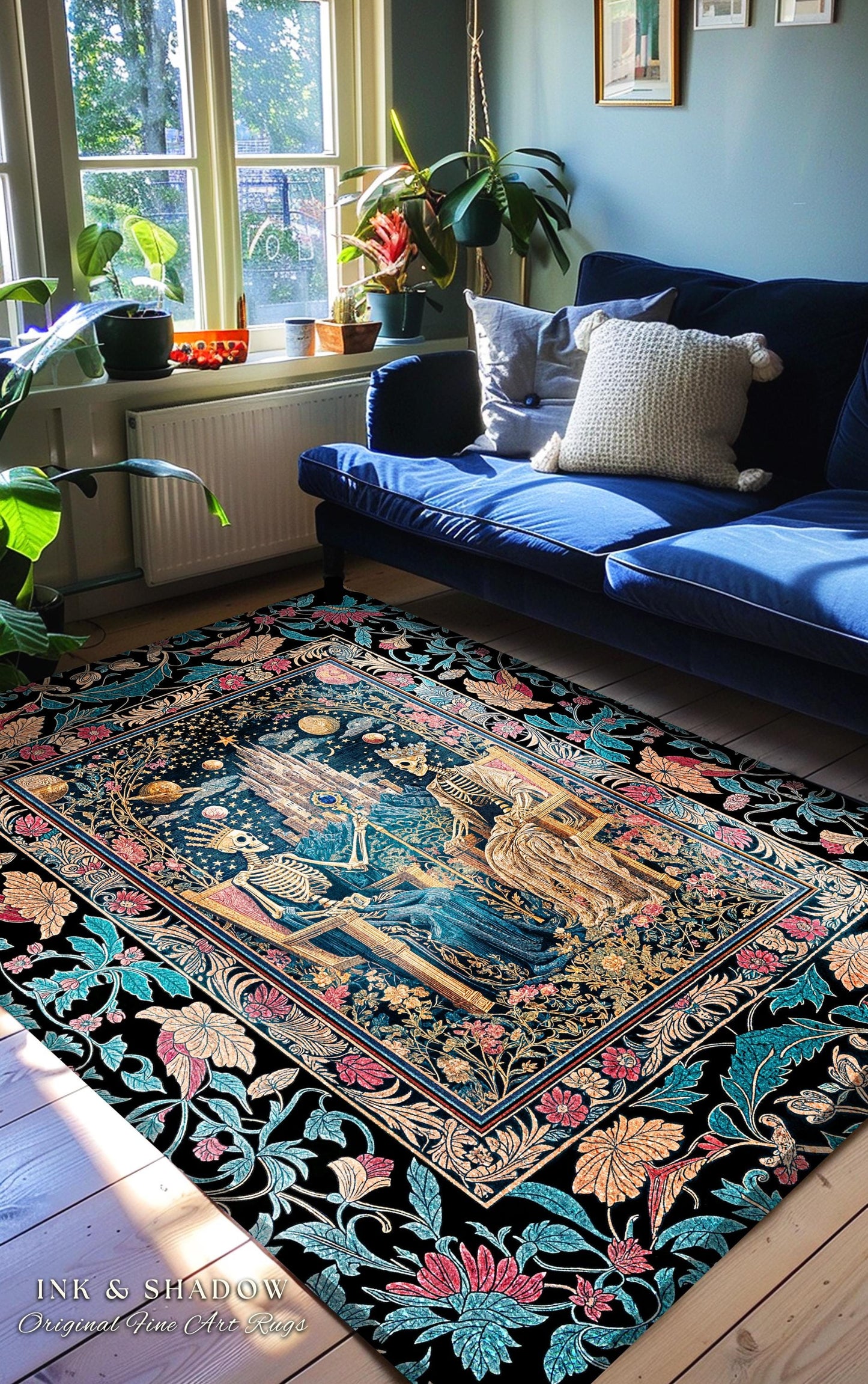 Celestial Skeleton Couple Baroque Rug | Goth Regal Romance Castle King & Queen Whimsical Lovers Magic Fantasy Decor Mystical Bedroom Accent