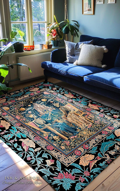 Celestial Skeleton Couple Baroque Rug | Goth Regal Romance Castle King & Queen Whimsical Lovers Magic Fantasy Decor Mystical Bedroom Accent