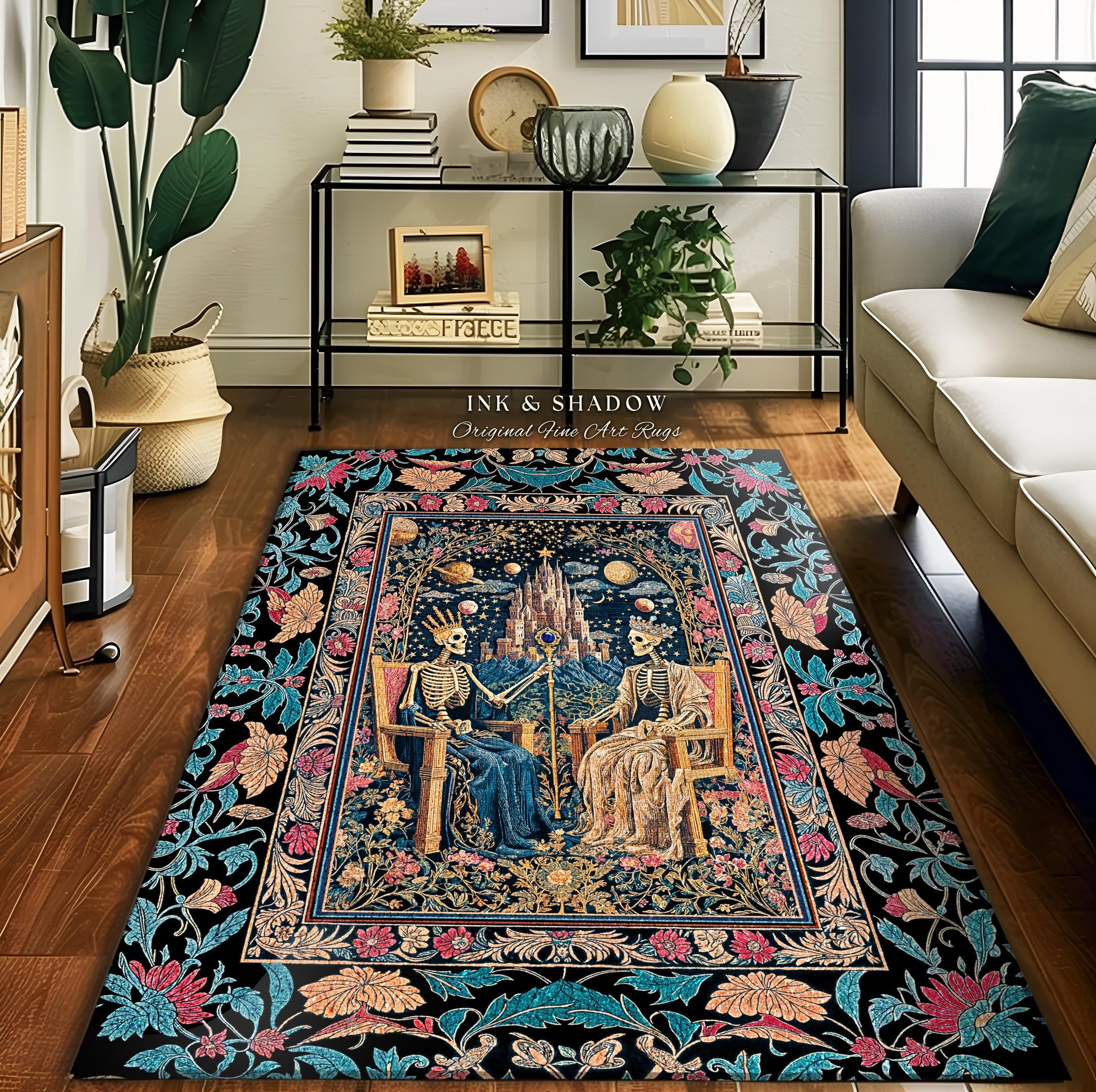 Celestial Skeleton Couple Baroque Rug | Goth Regal Romance Castle King & Queen Whimsical Lovers Magic Fantasy Decor Mystical Bedroom Accent