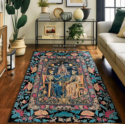Celestial Skeleton Couple Baroque Rug | Goth Regal Romance Castle King & Queen Whimsical Lovers Magic Fantasy Decor Mystical Bedroom Accent
