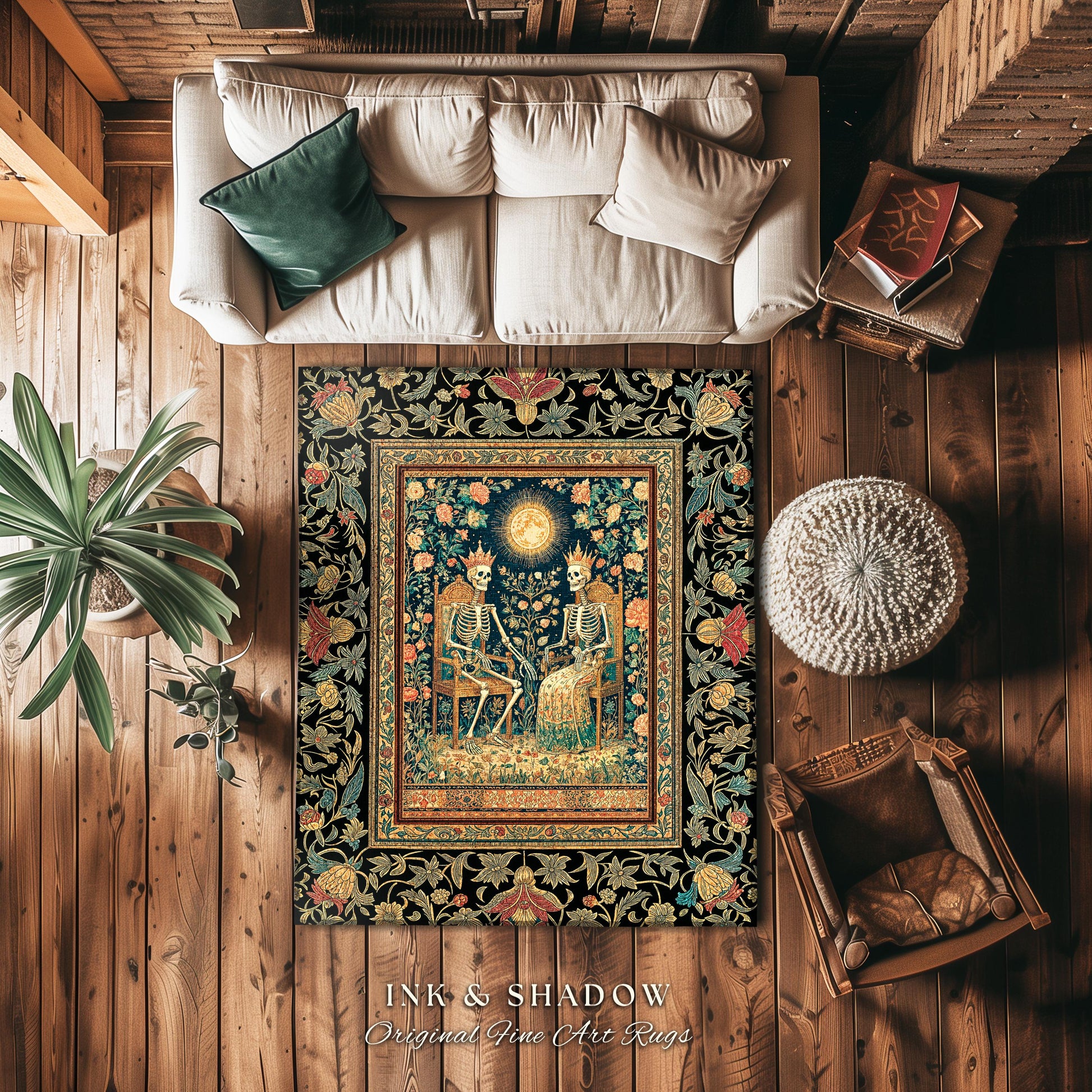 Mystic Garden Skeleton Lovers Rug | Baroque Crowned Couple Gothic Magic Celestial Aesthetic Sunlit Throne Mystical Floral Accent Rug Tarot