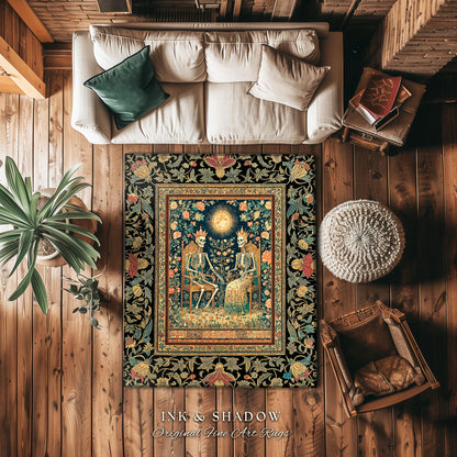 Mystic Garden Skeleton Lovers Rug | Baroque Crowned Couple Gothic Magic Celestial Aesthetic Sunlit Throne Mystical Floral Accent Rug Tarot